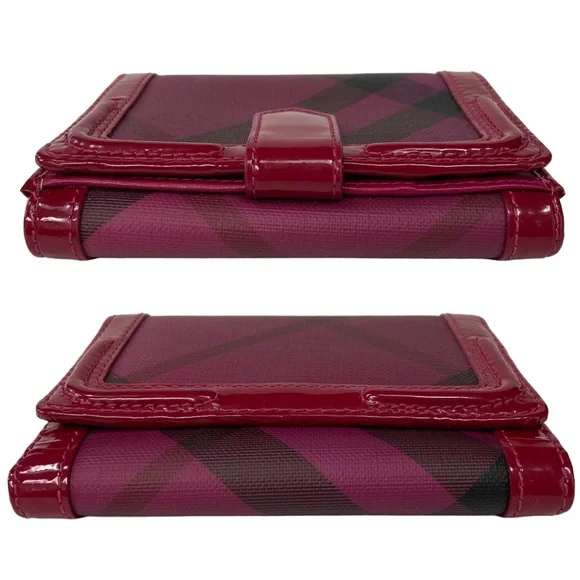Burberry Nova Plaid Patent Leather Trim Bifold Wallet Magenta and Black